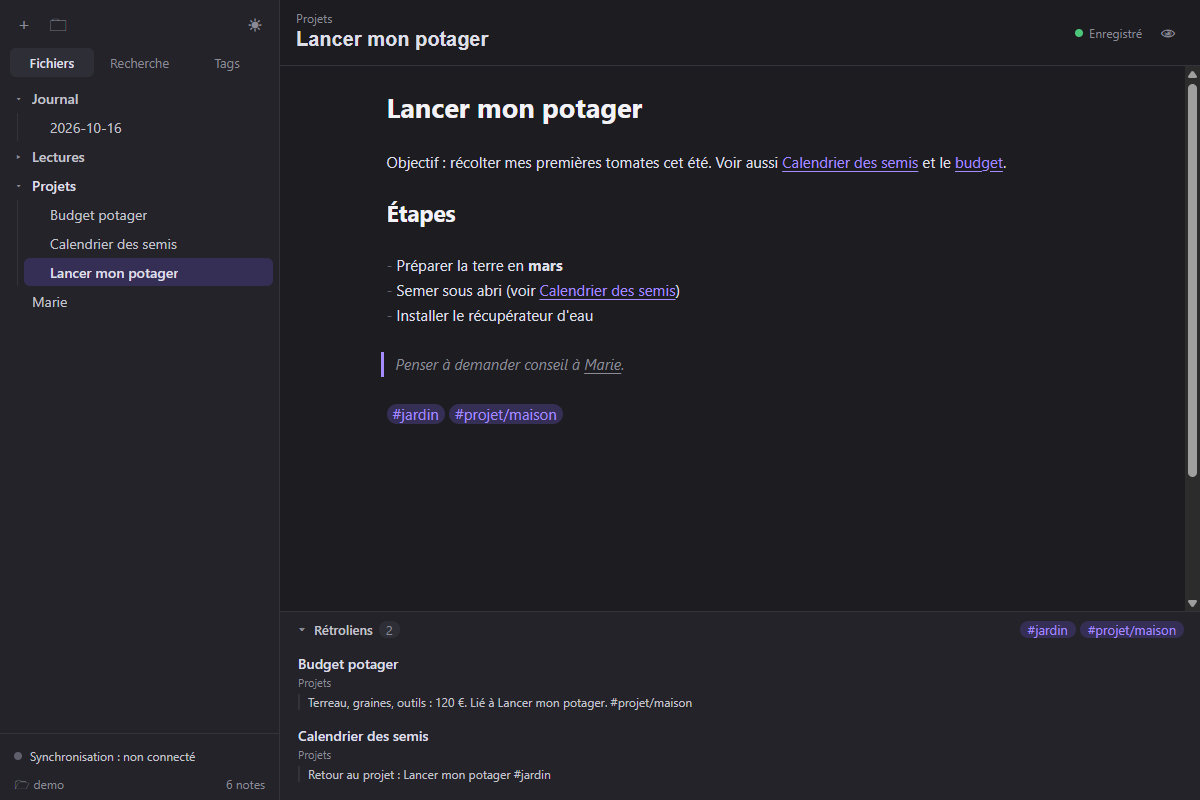 ObsiLan : arborescence des notes à gauche, note « Lancer mon potager » avec liens et tags, panneau des rétroliens en bas.