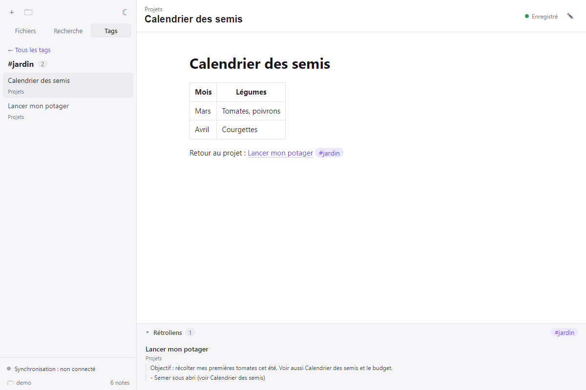 ObsiLan en thème clair : onglet Tags avec le tag #jardin, note « Calendrier des semis » en mode lecture.